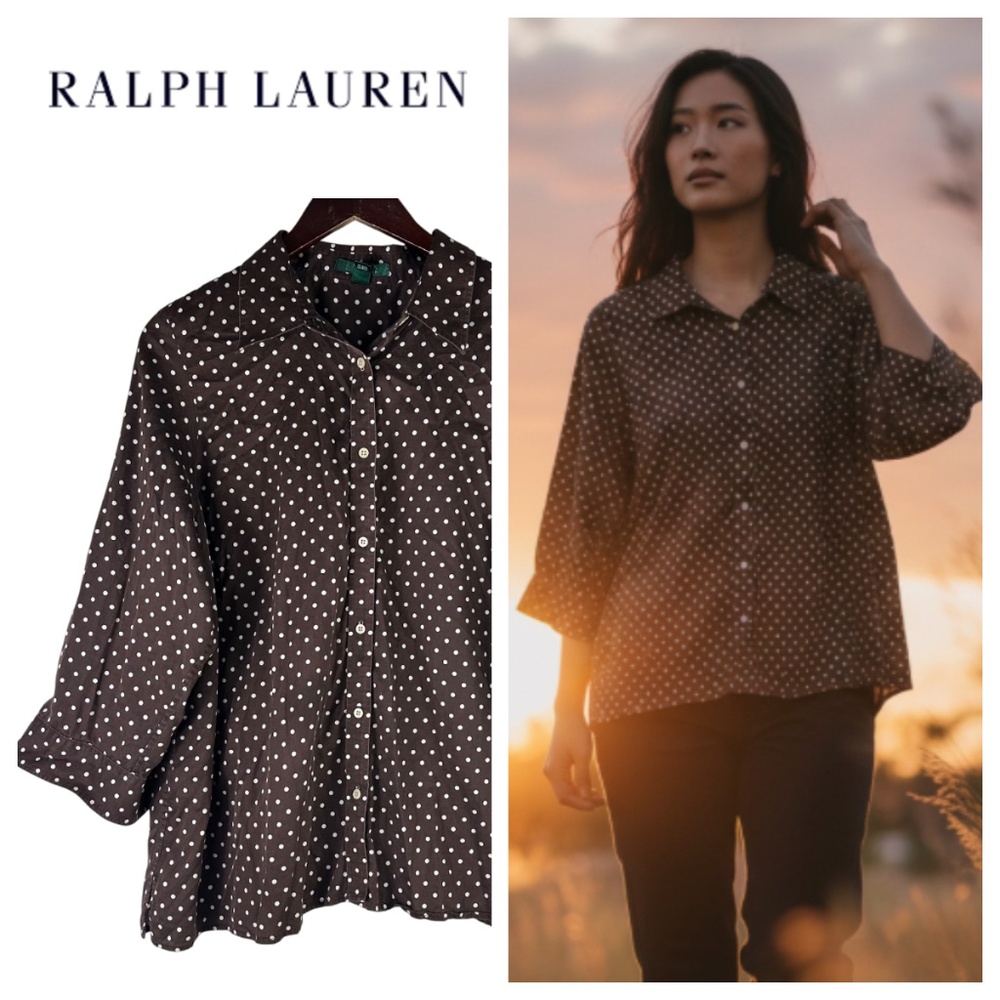 Ralph Lauren Shirt Top Blouse Button Down Sz 2X XXL 18 20 Polka Dot Brown